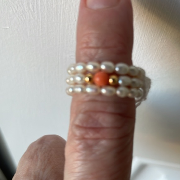 Freshwater Cultured Pearl Coral Gold bead wire Ring - Picture 6 of 10